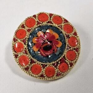 Vintage Round 1" Italian Micro-Mosaic Glass Flower Brooch Pin Gold-Tone Back